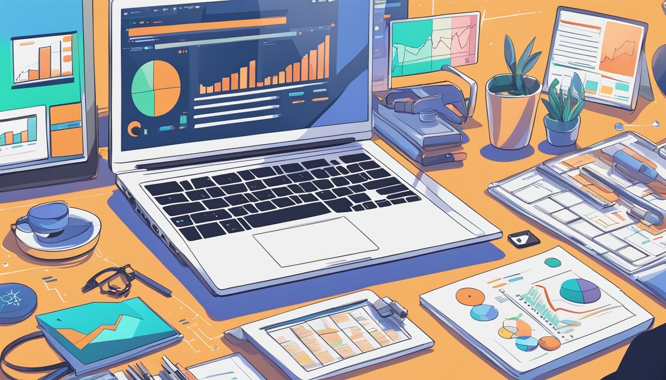 A laptop displaying SEO tools and charts, surrounded by digital marketing icons and symbols