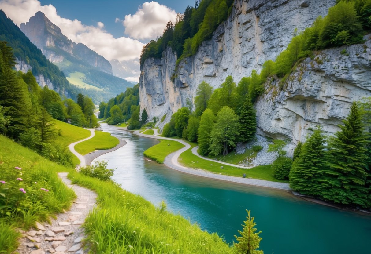 Wandern in der Sächsischen Schweiz: felsige Klippen, üppige Wälder, verschlungene Pfade und ein sich schlängelnder Fluss. Eine ruhige, natürliche Landschaft mit vielfältiger Flora und Fauna