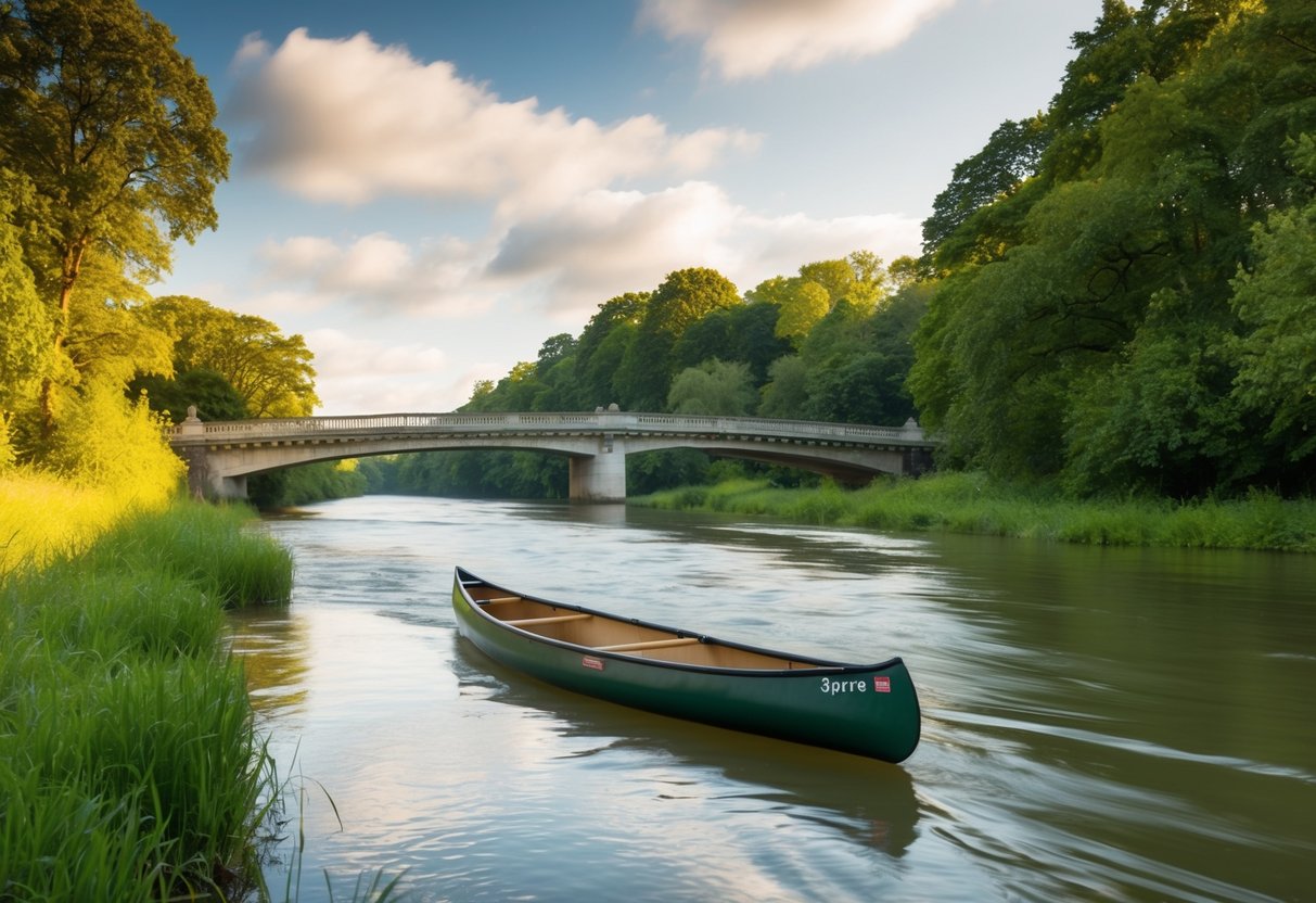 Ein Kanu gleitet entlang der Spree, vorbei an malerischen Brücken und entlang üppiger Vegetation