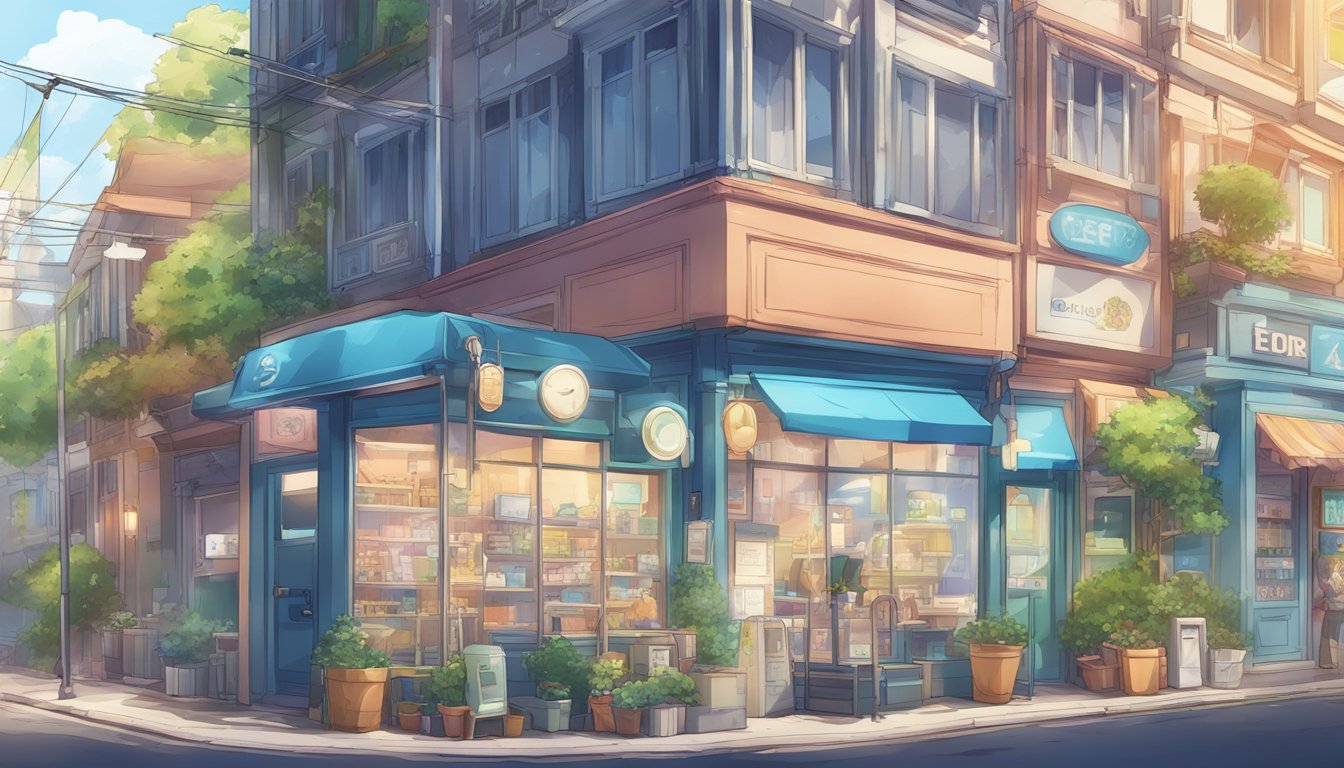 A local SEO scene with a map, business storefront, and search engine results page