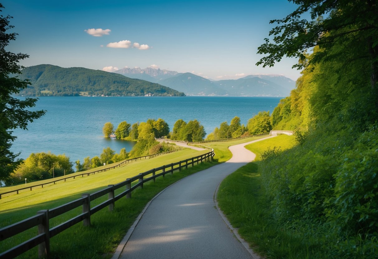 Ein malerischer Blick auf den Bodensee-Rundweg, mit einem gewundenen Fußweg rund um den See, umgeben von üppigem Grün und fernen Bergen