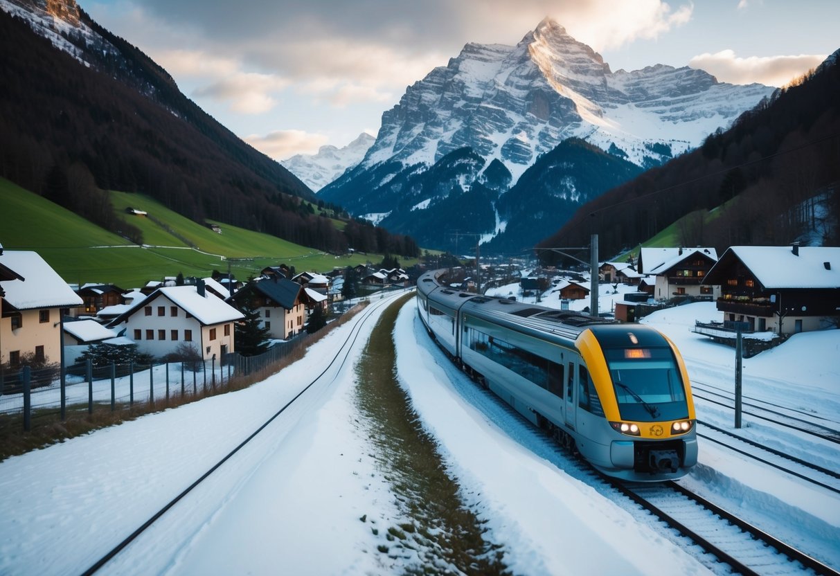 Ein Zug schlängelt sich durch die verschneiten Alpen, vorbei an malerischen Dörfern und üppig grünen Tälern, mit majestätischen Bergen im Hintergrund