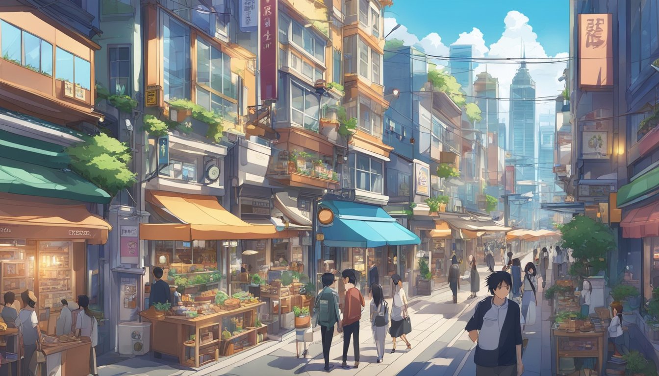 A bustling city with various businesses, including restaurants, shops, and service providers, all vying for attention. Local landmarks and maps indicating search engine optimization strategies