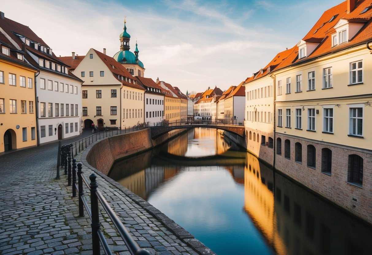 Eine ruhige Szene der Lübecker Altstadt mit Kopfsteinpflasterstraßen, historischen Gebäuden und einem ruhigen Fluss, der durch die Stadt fließt