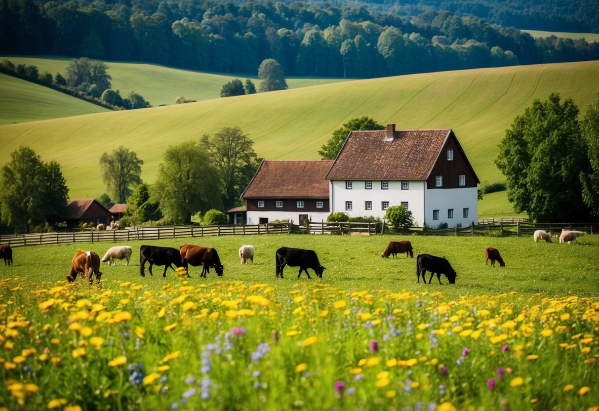 Ein ruhiger Bauernhof in der Lüneburger Heide, mit sanften Hügeln, grasenden Tieren und einem rustikalen Bauernhaus, umgeben von bunten Wildblumen