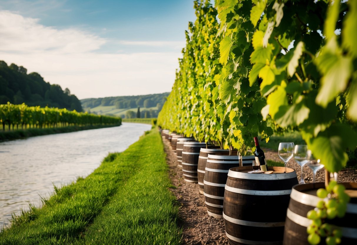 Ein Weinberg an der Mosel, dessen üppige grüne Reben sich bis zum Wasser erstrecken. Eine rustikale Weinprobe mit Fässern und Gläsern