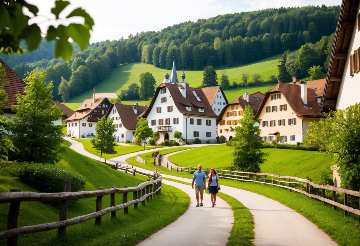 Ein ruhiges bayerisches Dorf mit verschlungenen Wegen, urigen Häusern und üppigem Grün. Eine friedliche Atmosphäre, während Reisende langsam durch die bezaubernde Landschaft wandern