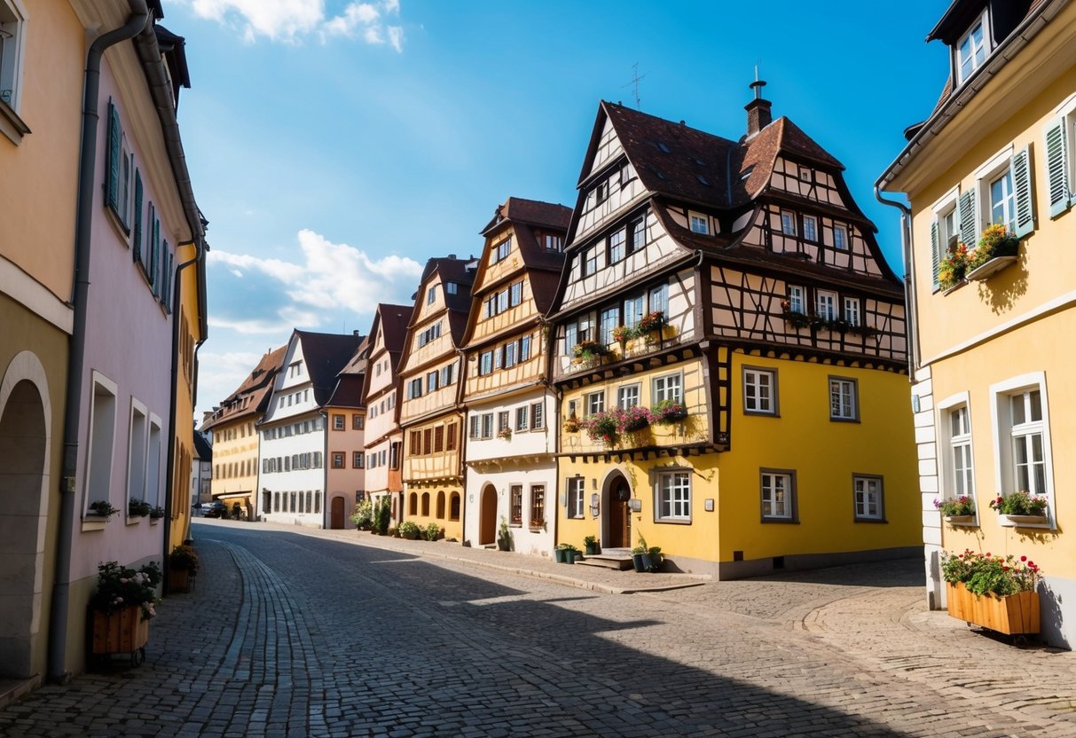 Eine charmante Straße in Rothenburg ob der Tauber mit bunten Fachwerkhäusern, Kopfsteinpflasterstraßen und blühenden Blumenkästen