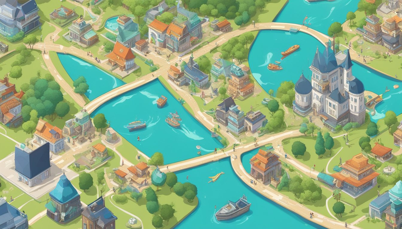 A map with various local landmarks and businesses connected by arrows, representing backlinks and local relevance for local SEO