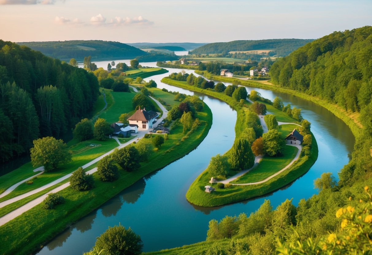 Eine ruhige Landschaft mit gewundenen Wegen durch üppige Wälder, ruhige Flüsse und malerische Dörfer, die die Essenz des langsamen Reisens verkörpert