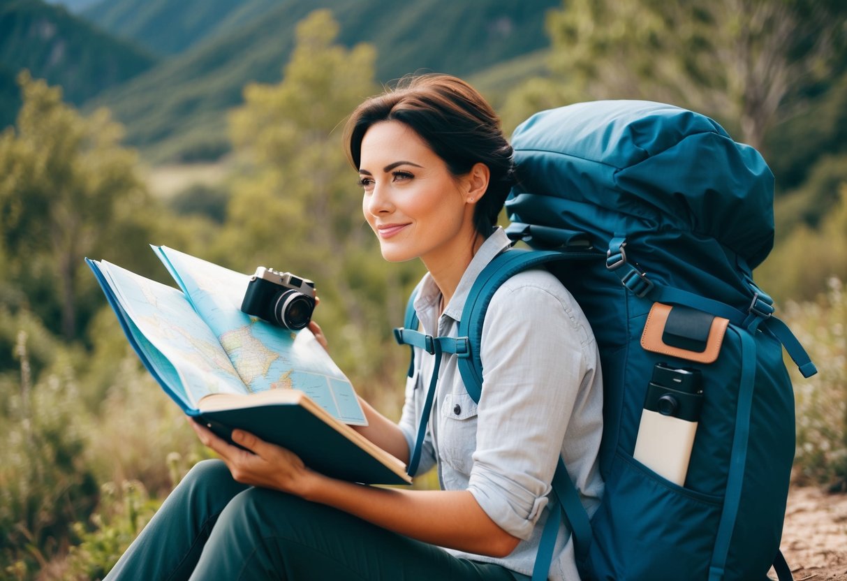 Eine Person packt einen Rucksack mit Reiseutensilien, darunter eine Karte, eine Kamera und ein Tagebuch. Sie sind von Natur umgeben und haben einen entspannten und nachdenklichen Ausdruck