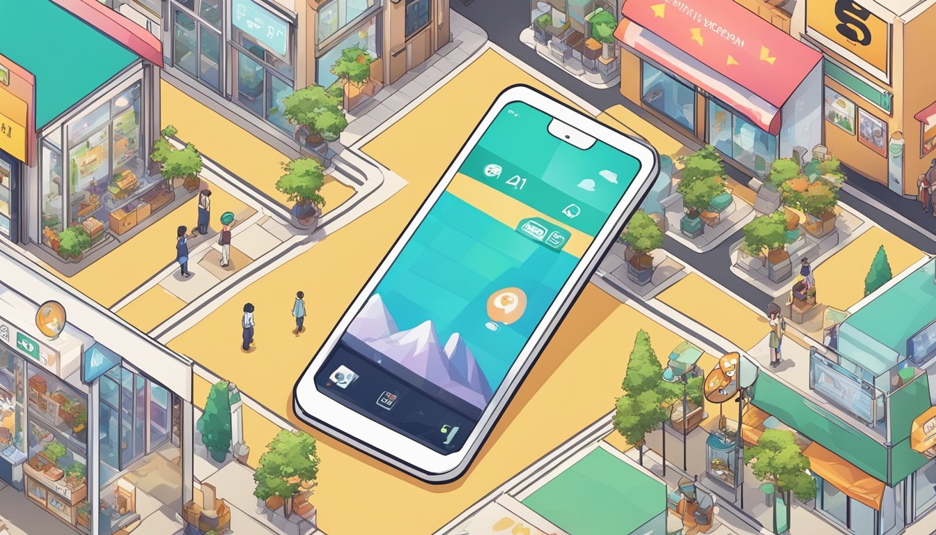 A smartphone displaying a map with location pins, a storefront, and a search bar. The screen shows various local businesses and their ratings