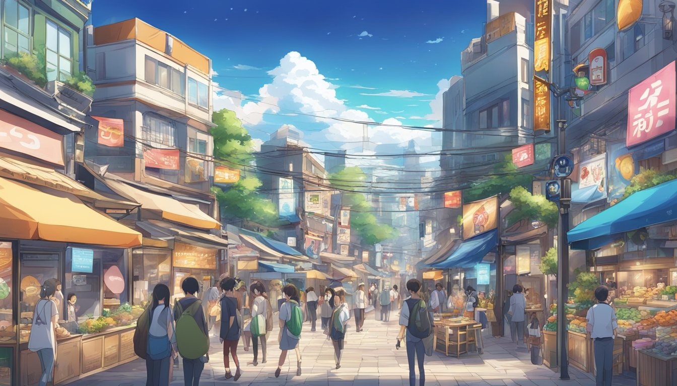 A bustling city street with colorful posters and banners promoting local events and offers. Nearby businesses display their unique offerings