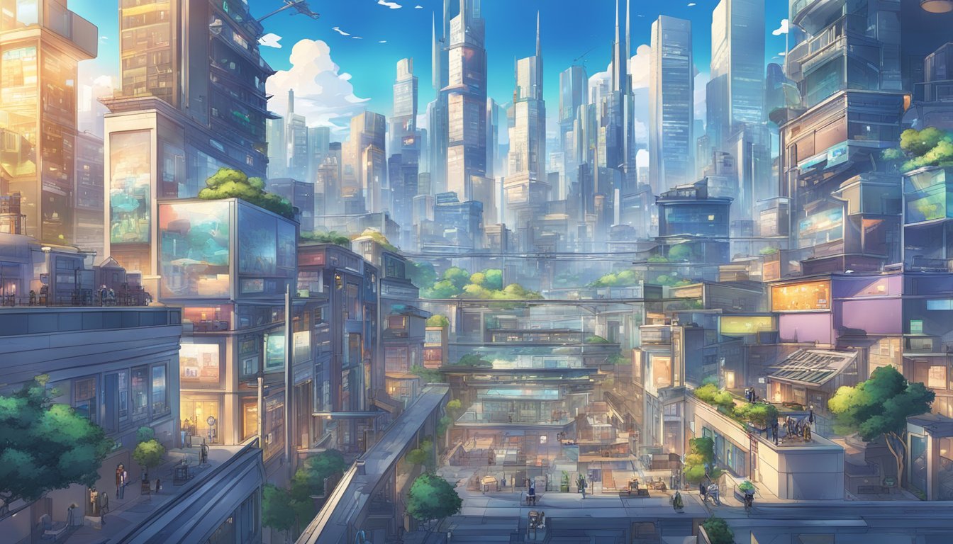 A city skyline with various businesses and landmarks, surrounded by maps, charts, and digital devices displaying data and analytics