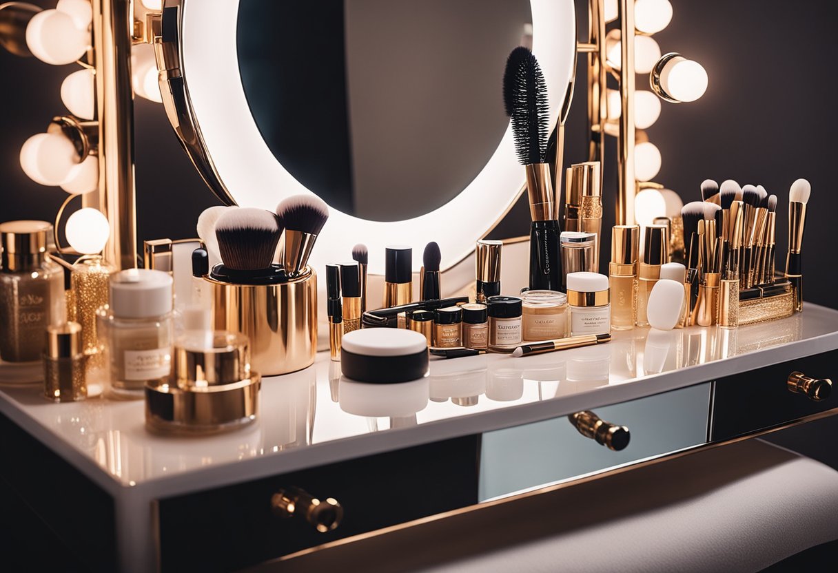 A luxurious vanity table adorned with high-end skincare products, makeup brushes, and a mirror reflecting a glowing complexion