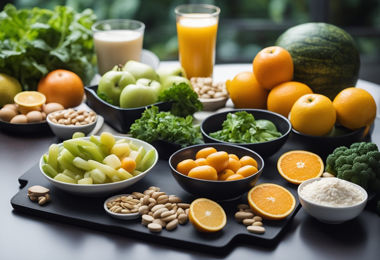 A table set with fresh fruits, vegetables, and lean proteins. Supplements and vitamins neatly arranged. A yoga mat and workout gear in the corner