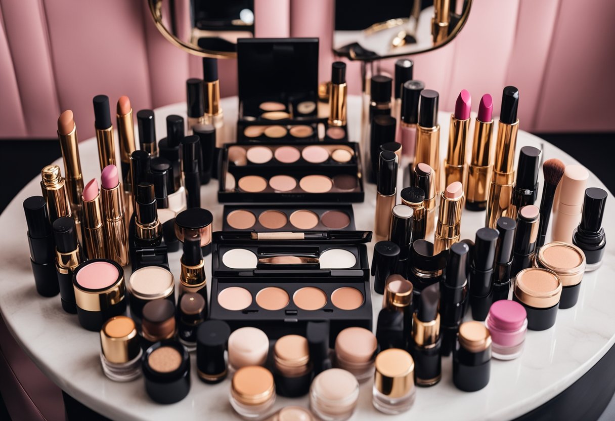 A vanity table with an array of makeup products neatly organized, including lipsticks, eyeliners, and foundation, reflecting Priyanka Chopra's beauty secrets