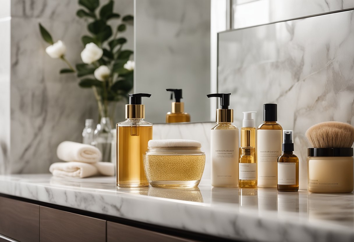 A luxurious bathroom scene with various hair care products arranged neatly on a marble countertop. A mirror reflects a soft, warm glow, enhancing the feeling of relaxation and beauty