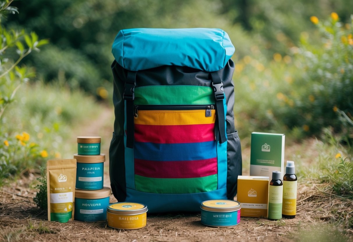 Ein farbenfroher Fair-Trade-Rucksack, umgeben von nachhaltigen Reiseprodukten in einer natürlichen, umweltfreundlichen Umgebung