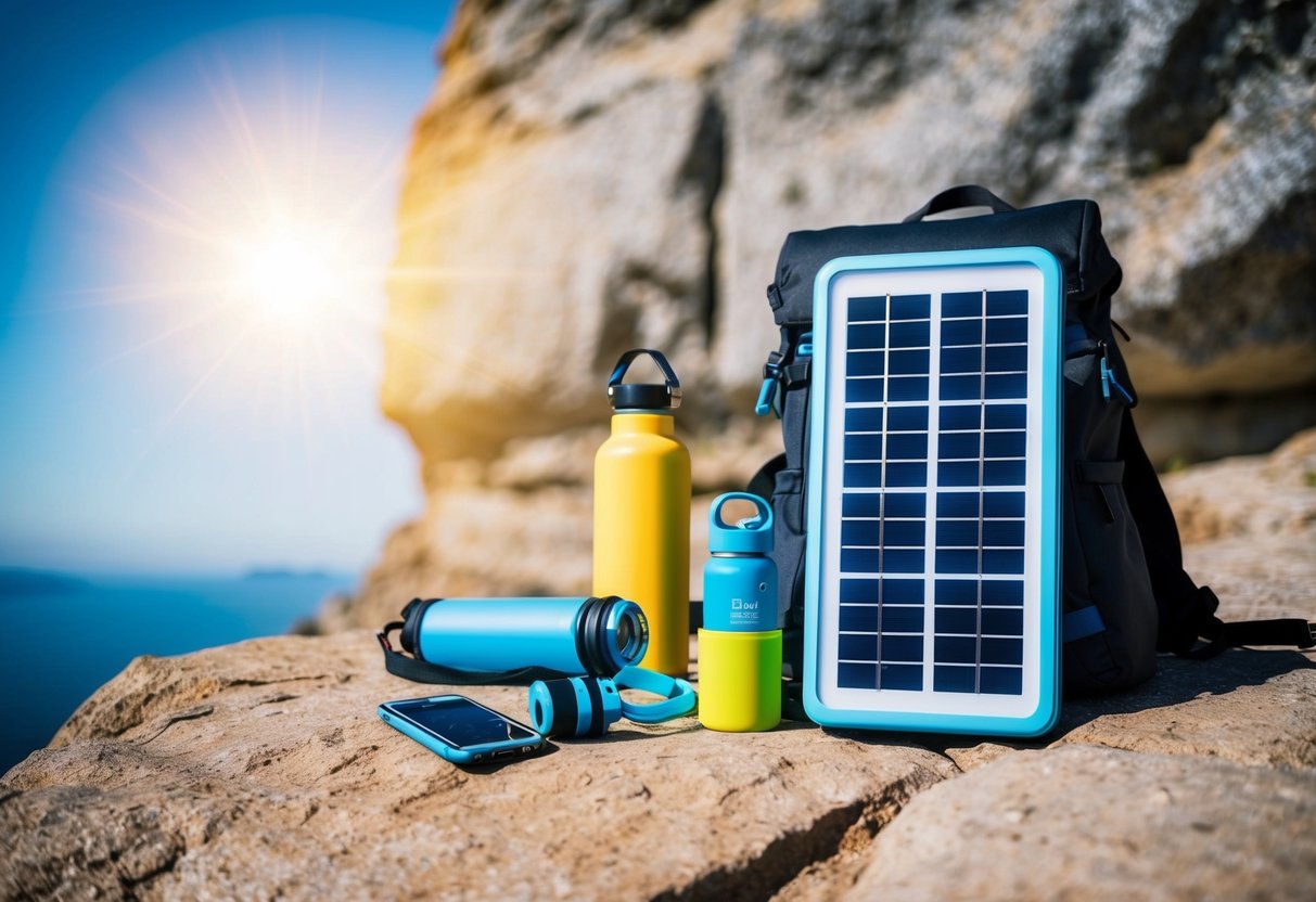 Ein Solarladegerät, das auf einer felsigen Klippe steht und auf dem ein Rucksack, eine Wasserflasche und andere nachhaltige Reiseprodukte verstreut sind. Im Hintergrund scheint die Sonne hell