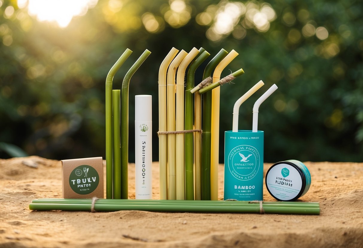 A collection of 15 bamboo straws and other sustainable travel products displayed on a natural, earthy background