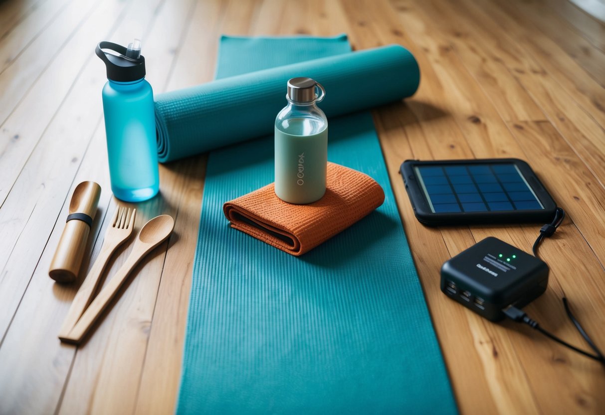 Eine nachhaltige Yogamatte, umgeben von Reiseutensilien wie einer wiederverwendbaren Wasserflasche, Bambusutensilien und einem kompakten Solarladegerät