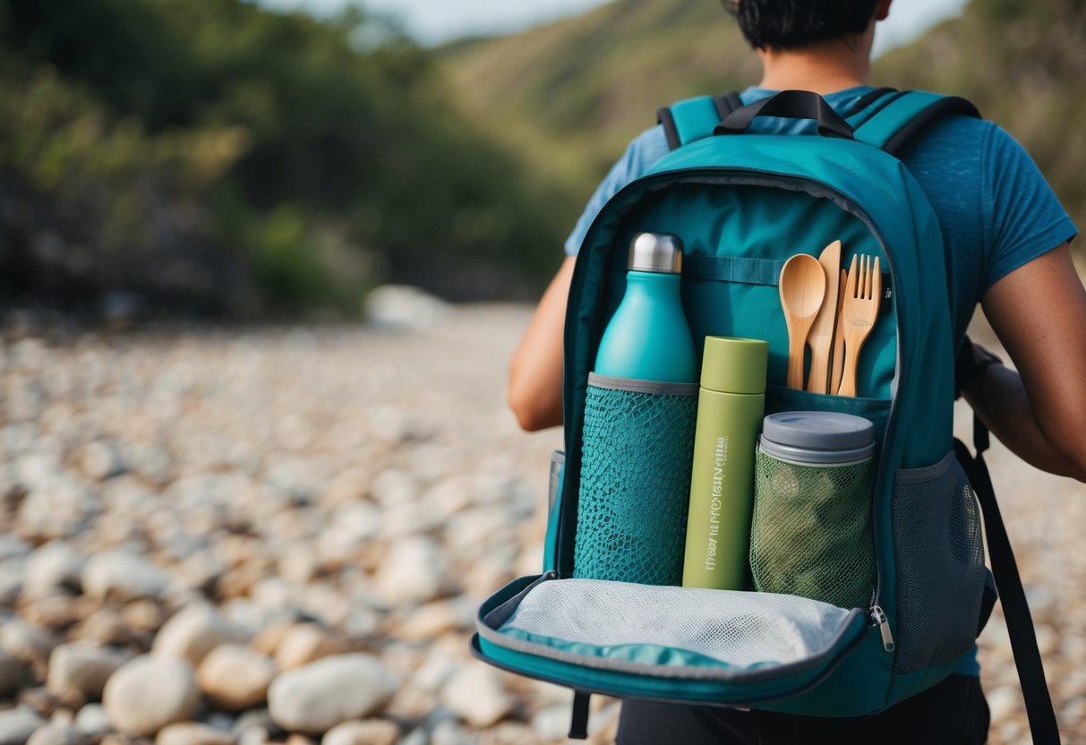 Ein Reisender packt nachhaltige Reiseprodukte in einen Rucksack, darunter wiederverwendbare Wasserflaschen, Bambusutensilien und umweltfreundliche Toilettenartikel