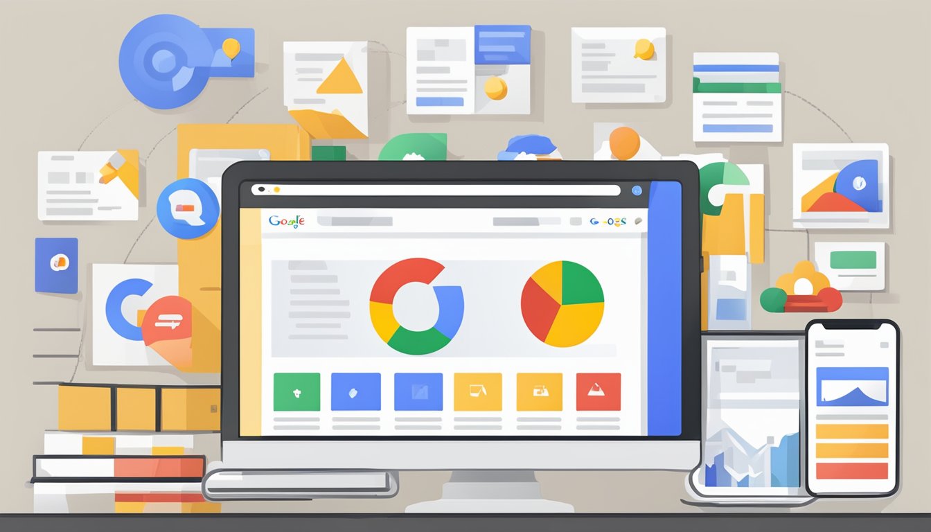 A computer screen displaying various Google Ads types with the Google Ads logo in the corner