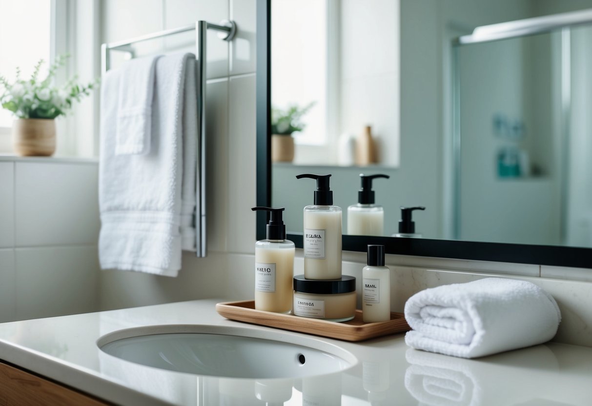 A bathroom counter with skincare products neatly arranged, a soft towel, and a mirror reflecting a serene and organized space