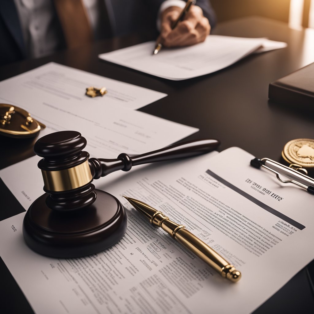 A legal document being signed by two parties in a lawyer's office, with tax-related documents and a gavel on the table