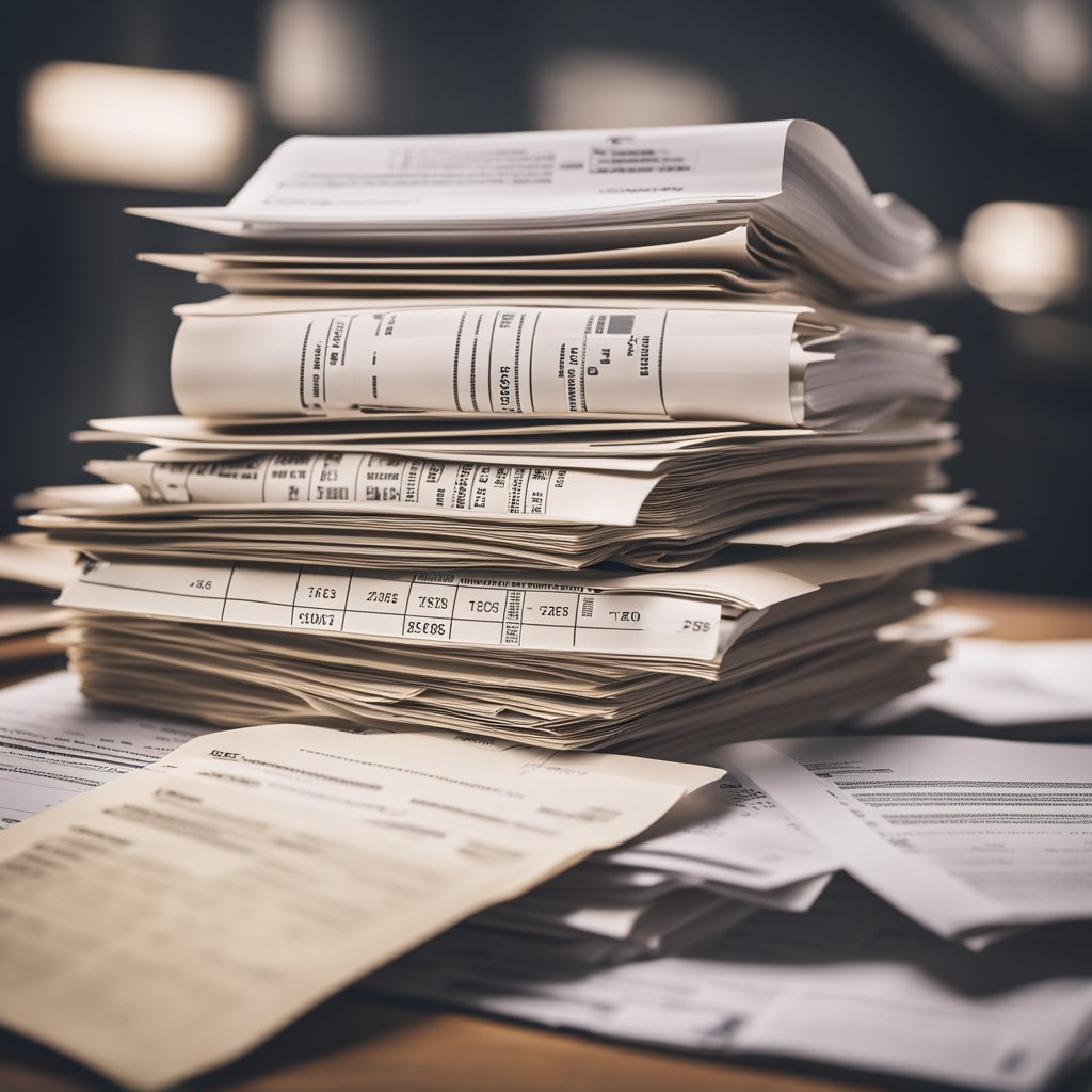 A stack of legal documents surrounded by tax-related symbols and charts