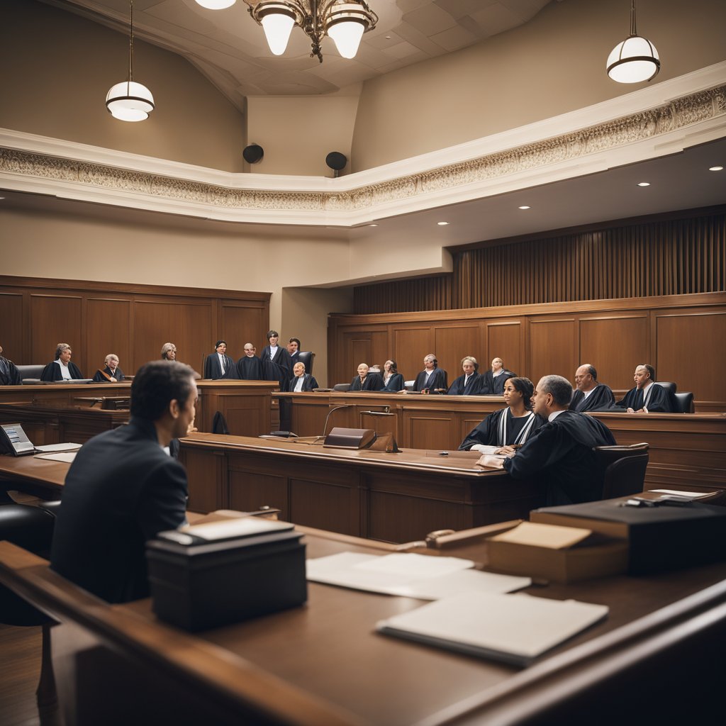 A courtroom scene with a judge presiding over a legal discussion on tax law, with lawyers presenting arguments and evidence related to NJP in the tax field