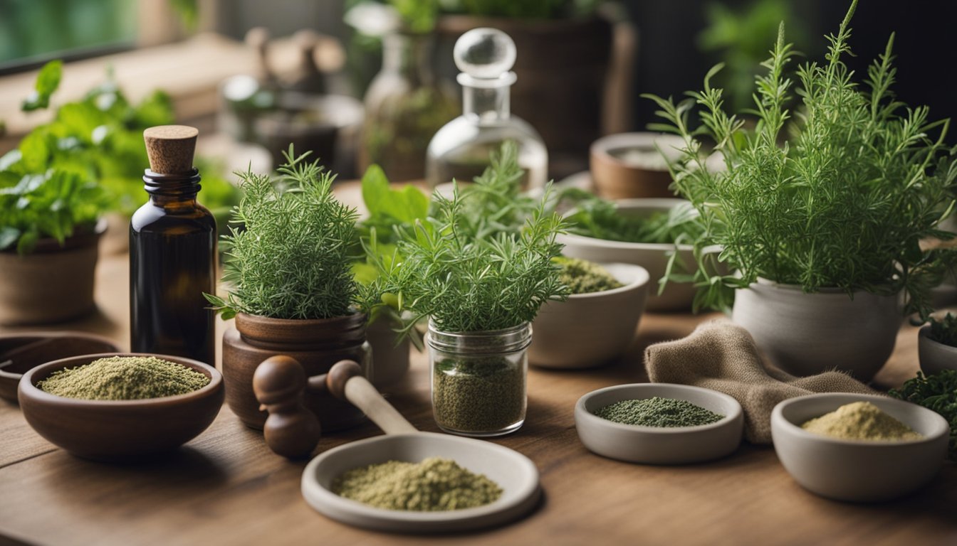 A table with various herbs and plants, a mortar and pestle, and a bottle of herbal medicine. A person is measuring and mixing ingredients