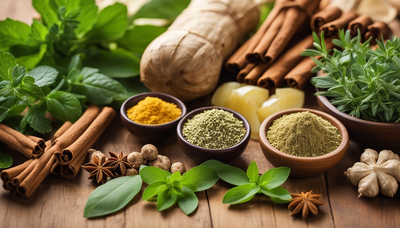 A variety of common herbs used in diabetic treatment are arranged on a wooden table, including cinnamon, fenugreek, bitter melon, and ginger