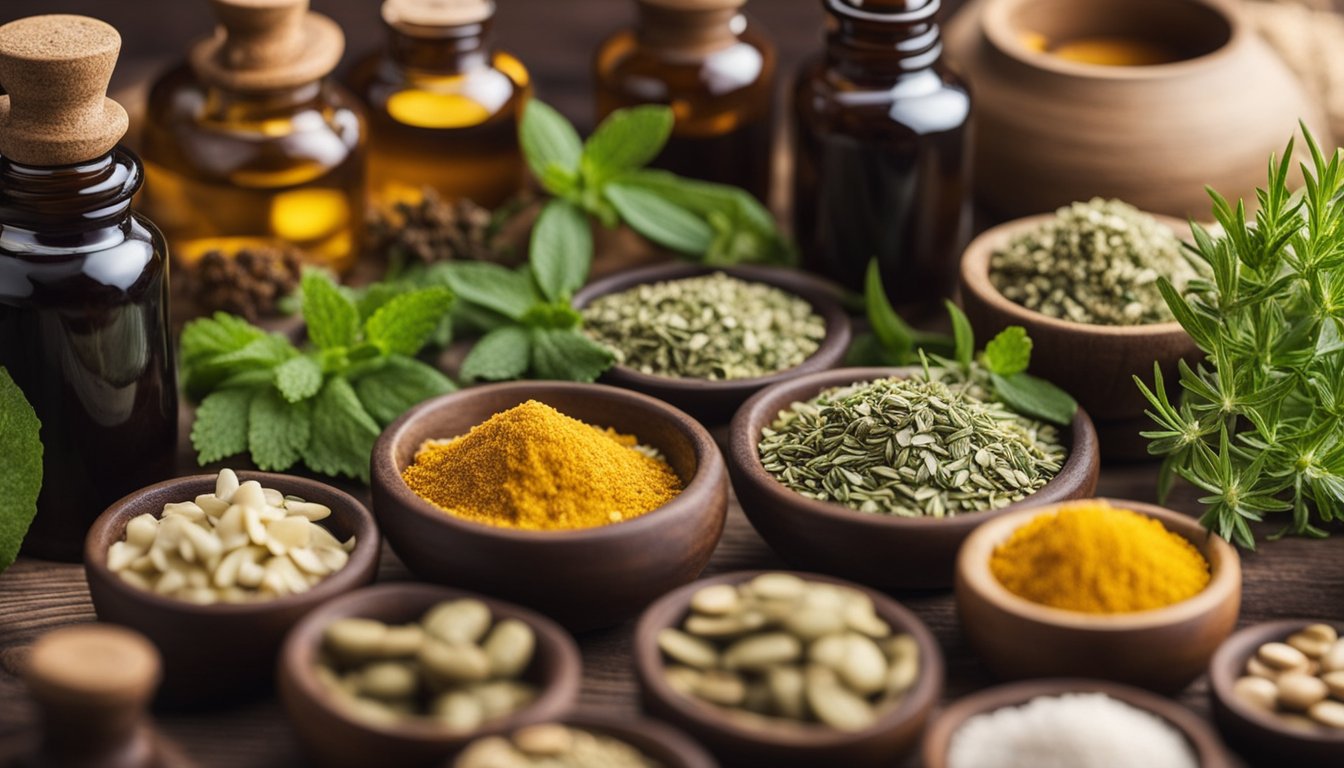 A table with various herbal remedies for diabetes, including bottles of supplements and a mortar and pestle for grinding herbs