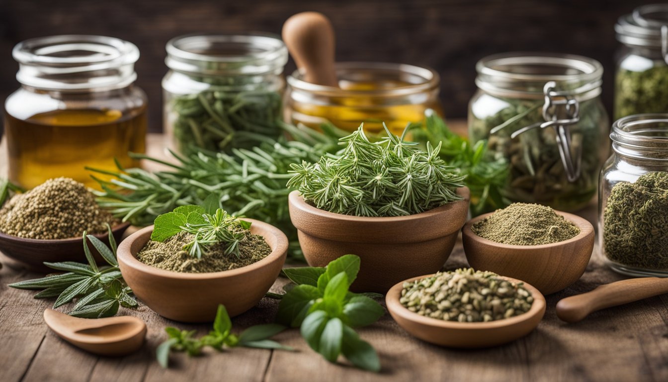 A table with assorted herbs, mortar and pestle, and glass jars for preparing and storing herbal medicine for diabetics