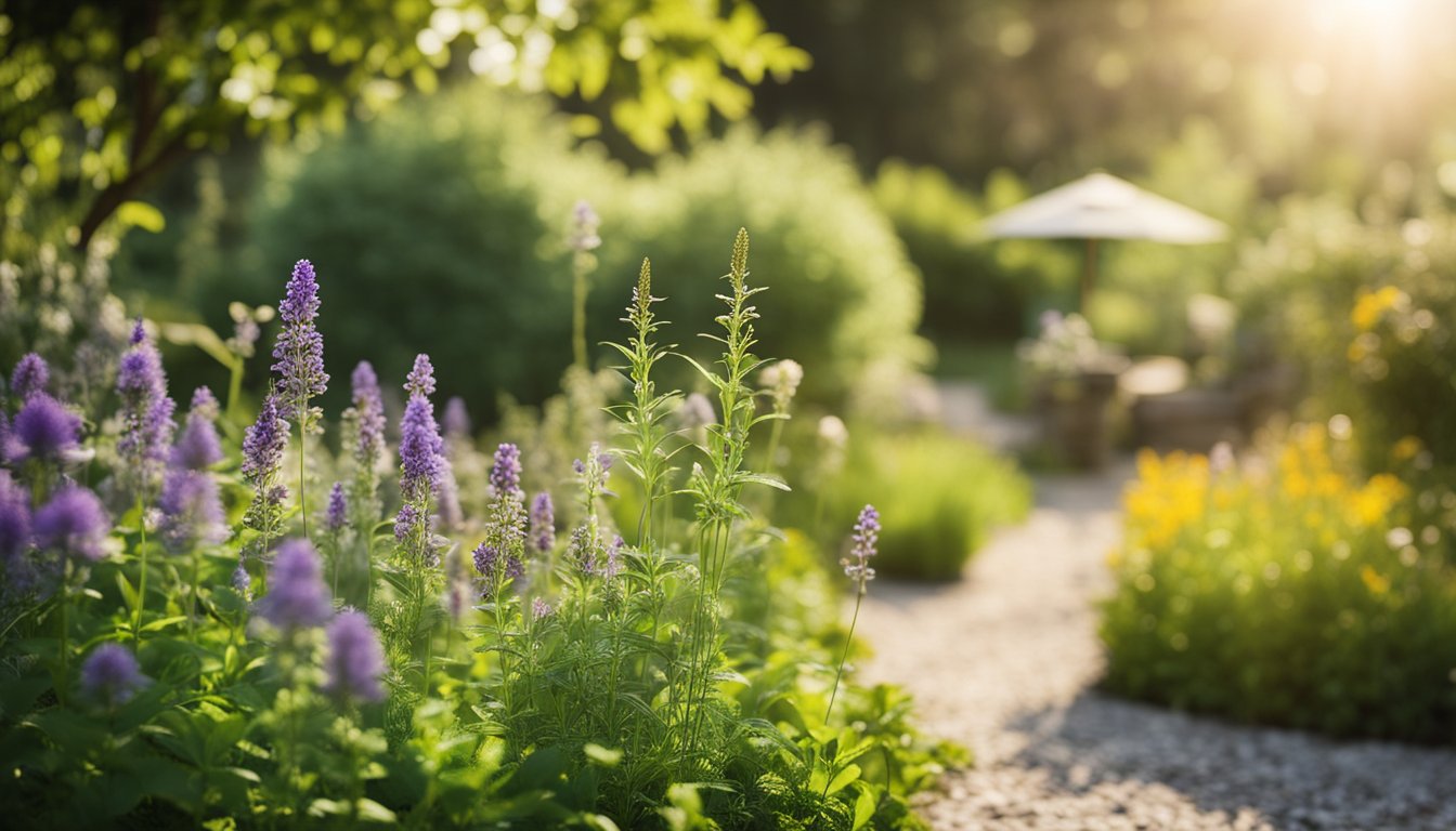 A peaceful garden with various herbs and plants used in herbal medicine for diabetes care. The sun shines down on the vibrant greenery, creating a serene and healing atmosphere