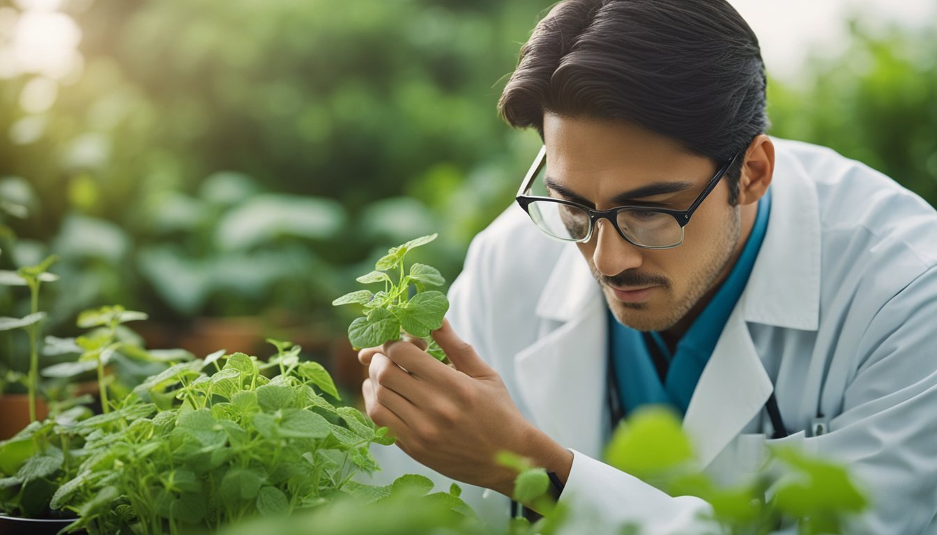 A serene garden with various herbs and plants, including bitter melon, fenugreek, and cinnamon. A pharmacist or herbalist is examining the plants with a hopeful expression