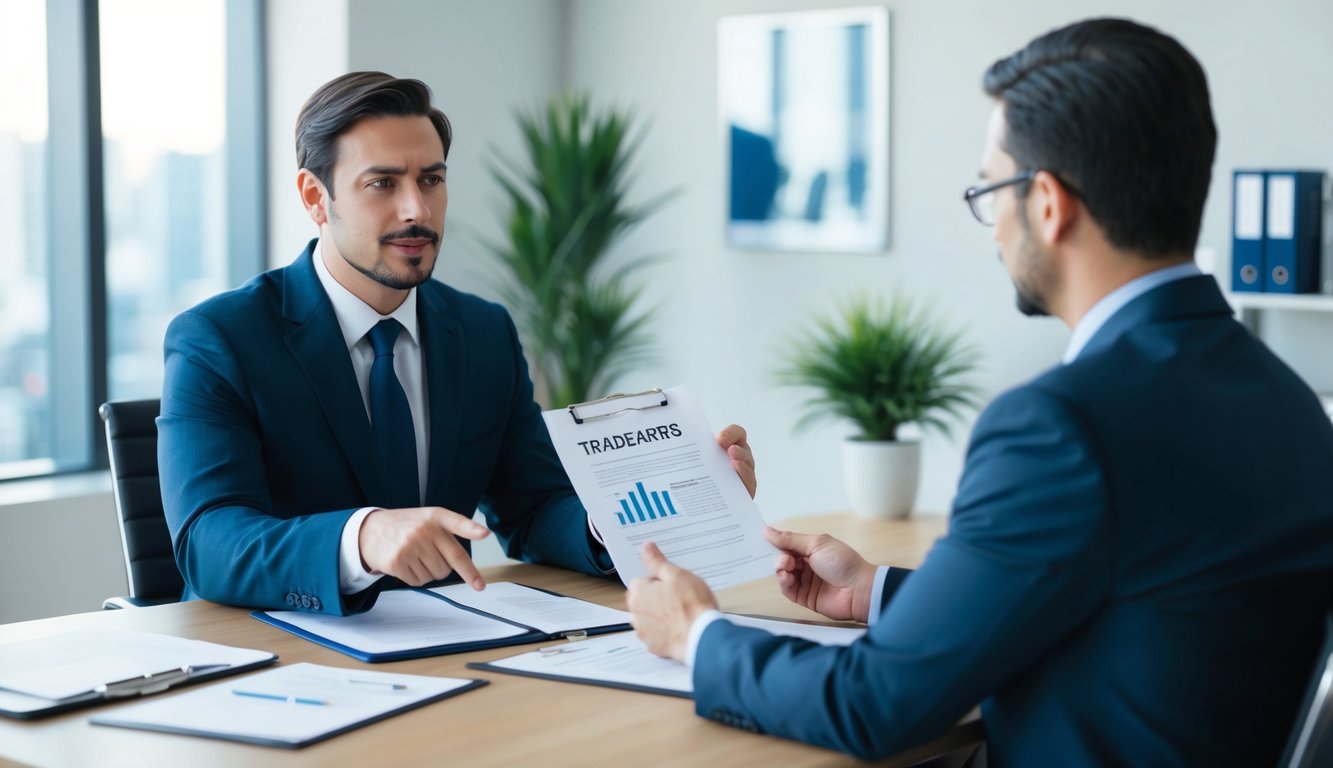 A lawyer discussing trademarks with a client in an office setting, pointing to legal documents and offering advice