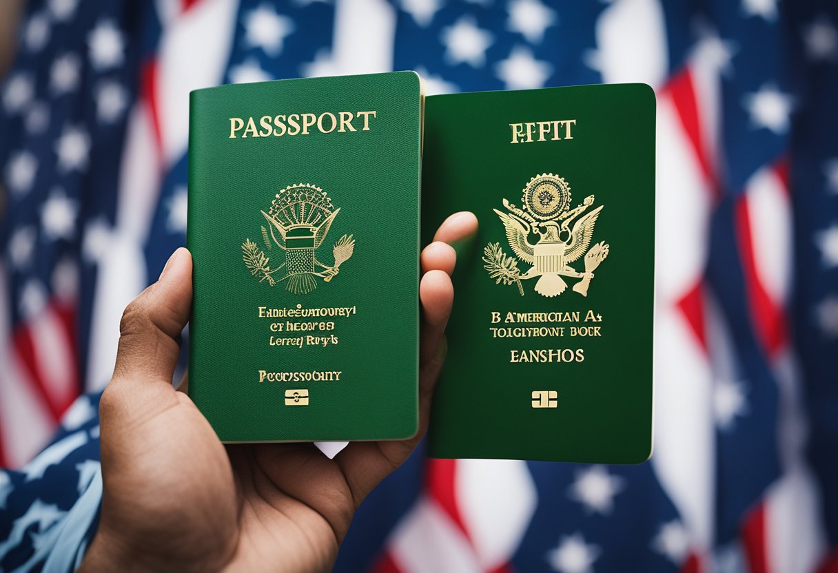 A person holding a green passport surrounded by American symbols like the flag, Statue of Liberty, and iconic landmarks