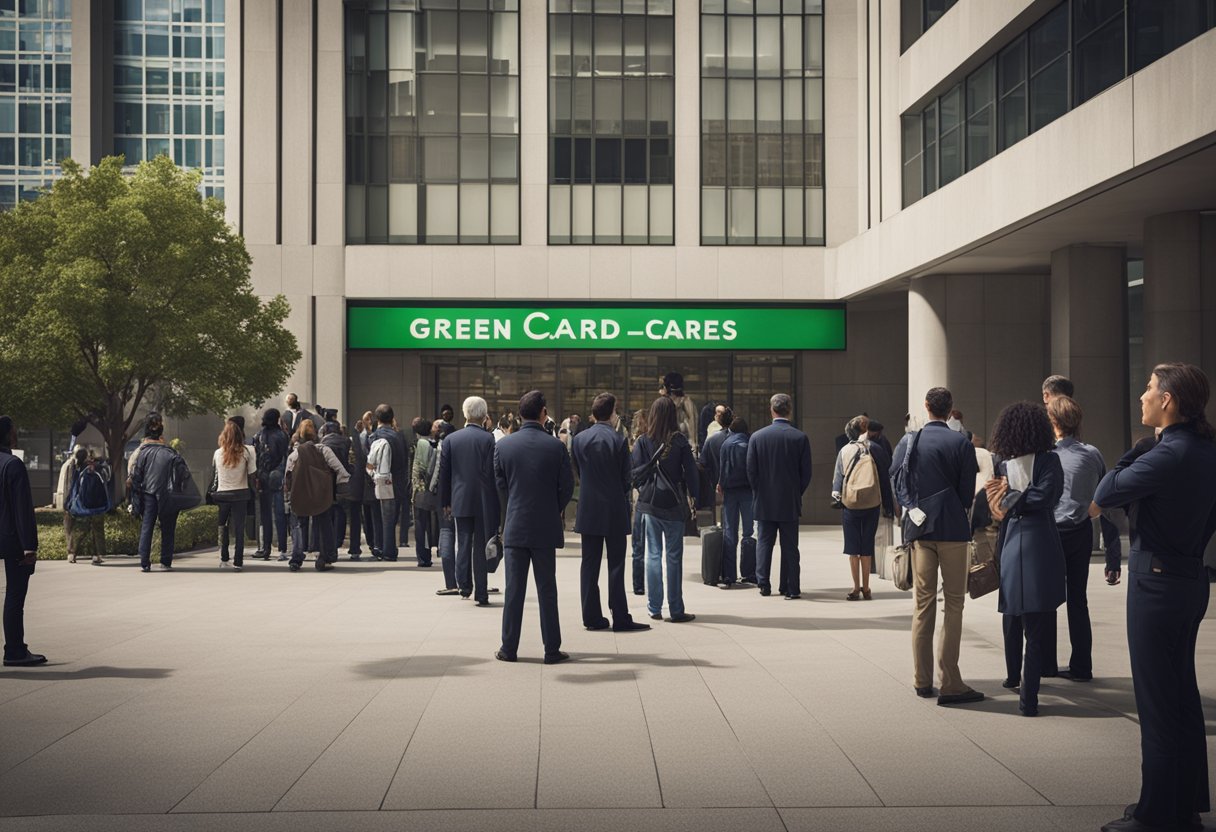 A line of diverse people waits outside a government building. A sign with the American flag and the words "Green Card Application" hangs above the entrance