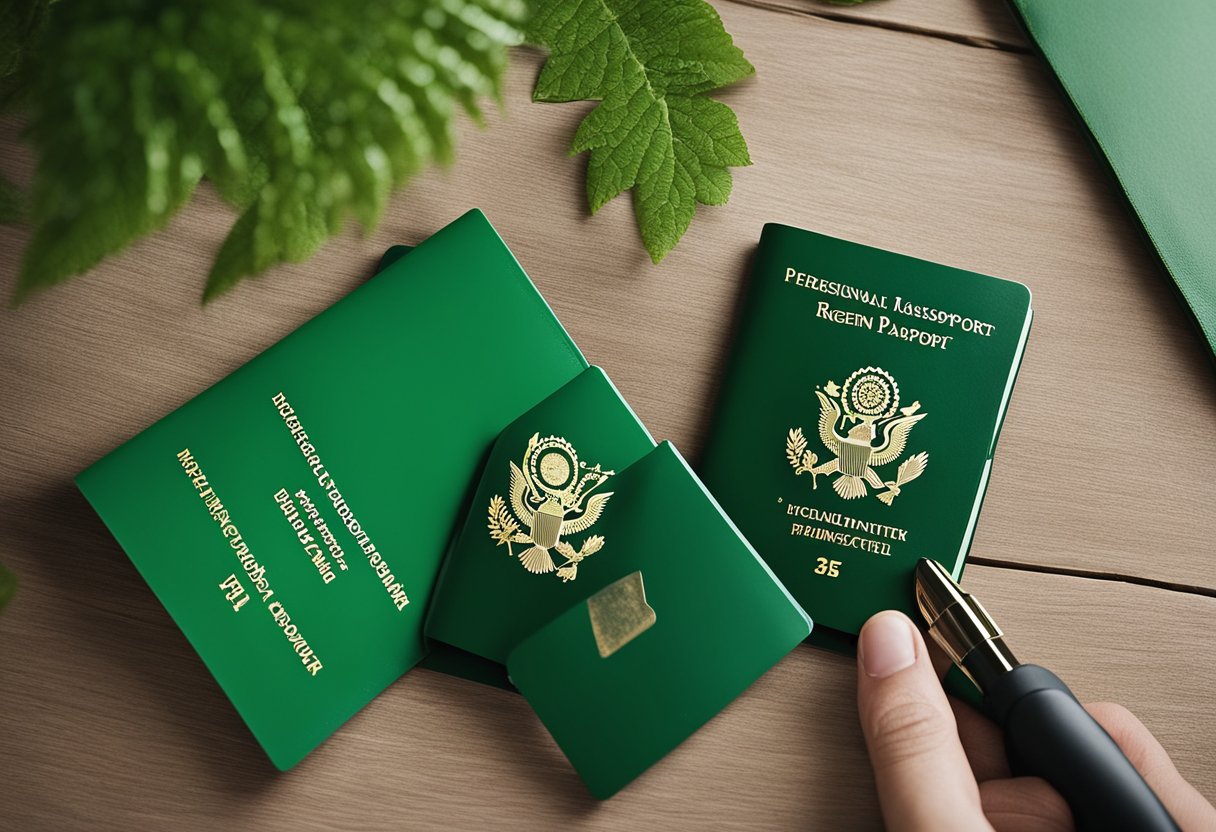 A person receiving a green passport and stamping their permanent resident status