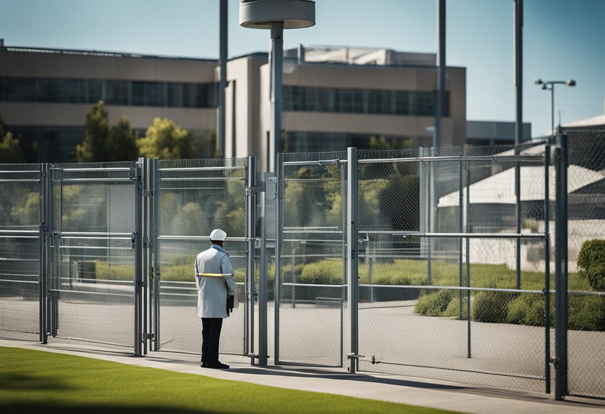 A security guard patrols a fenced perimeter with motion sensors and surveillance cameras. The area is well-lit and secured with locked gates