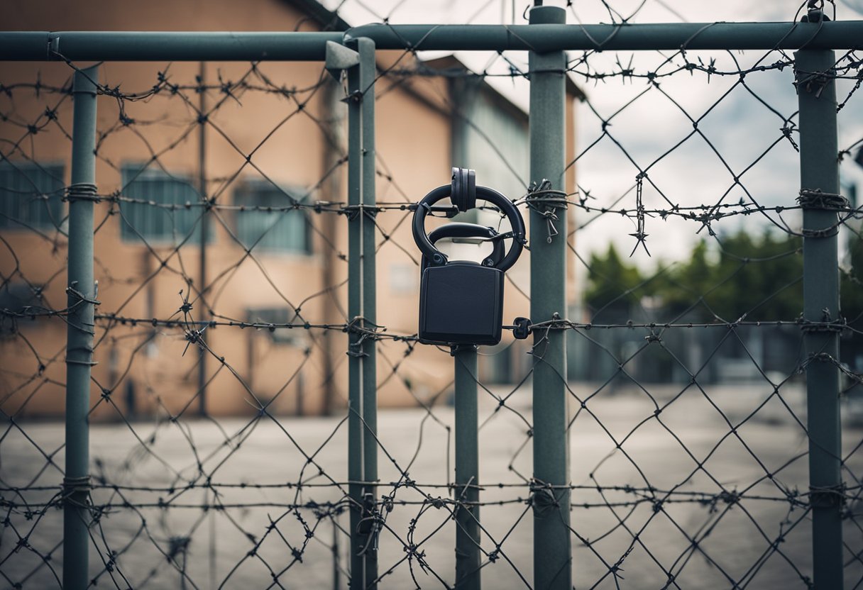 A locked gate with barbed wire surrounds a secure facility, while security cameras and motion sensors are visible on the perimeter