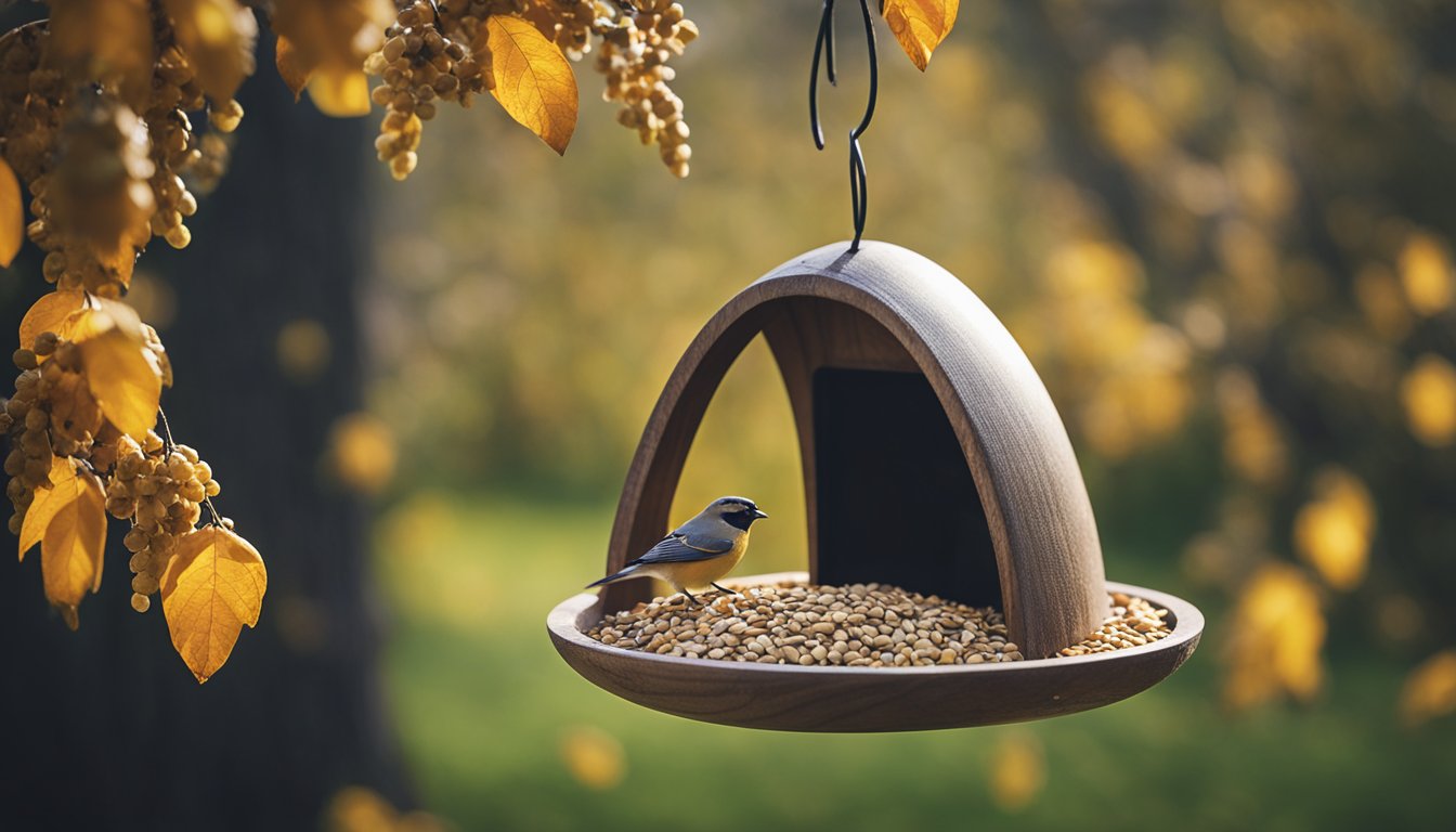 A wooden bird feeder hangs from a tree branch, filled with an assortment of bird seeds. A small container of extra seeds sits nearby, ready for easy refilling