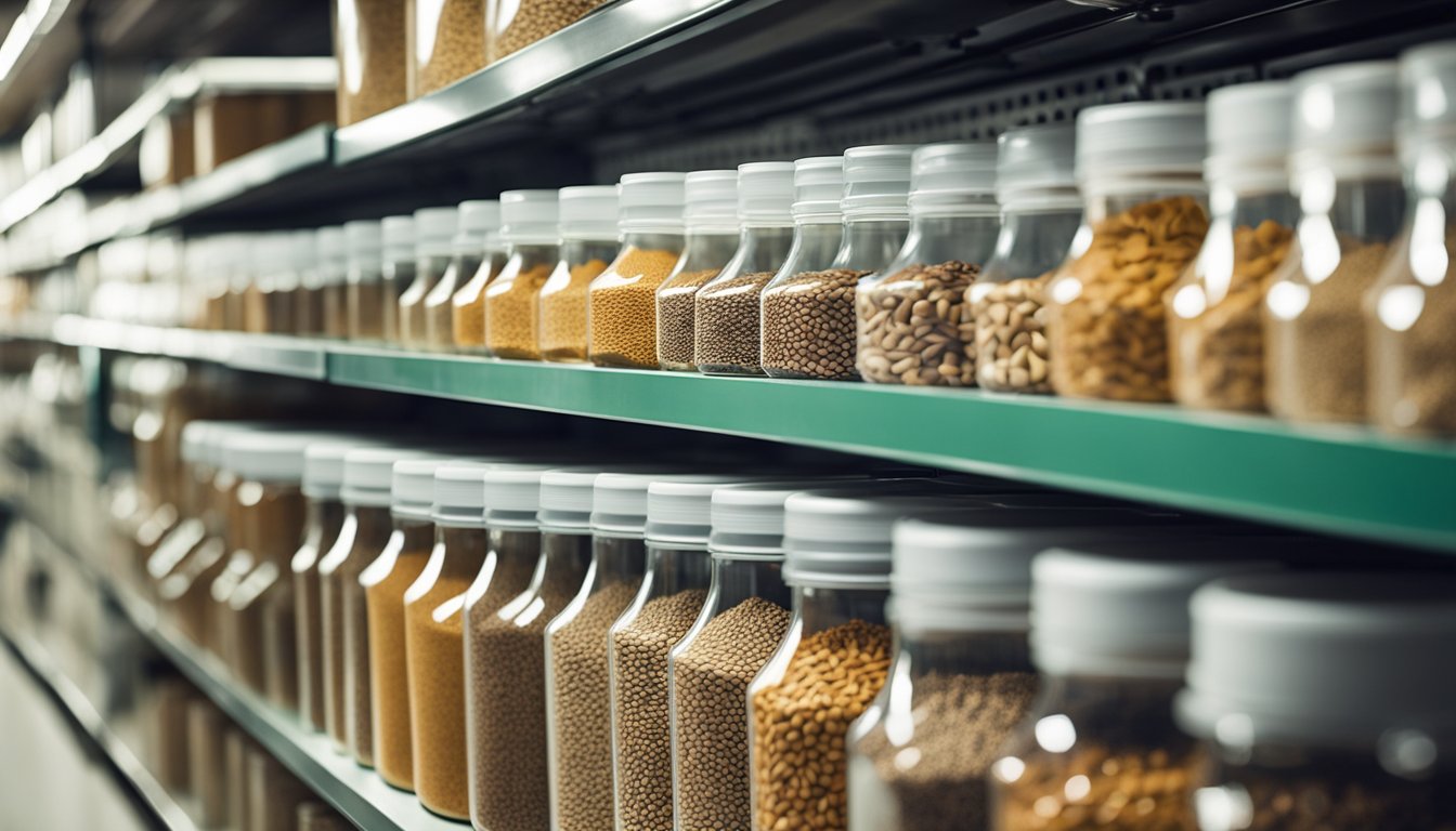 Bird seed stored in airtight containers on shelves. Scoops and funnels nearby for easy refilling. Bright, natural lighting illuminates the organized storage area