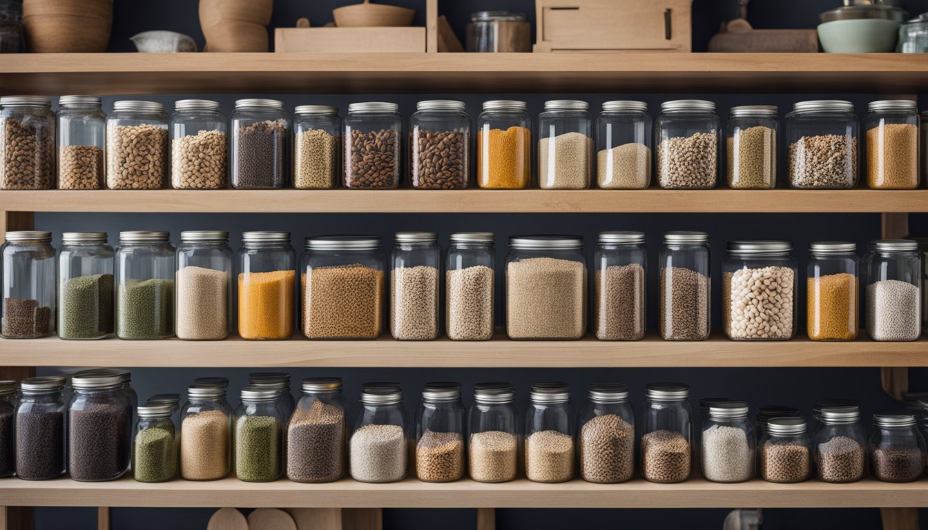 A variety of containers filled with bird seed, including jars, bins, and hanging feeders, arranged neatly on a shelf