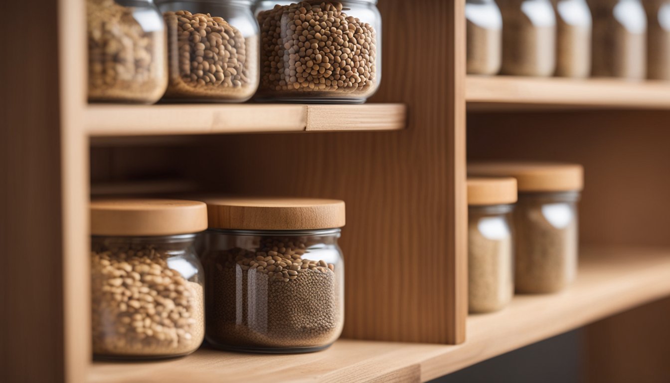 A wooden shelf with neatly organized containers of bird seed. A small scoop rests on the shelf, and a few birds perch nearby