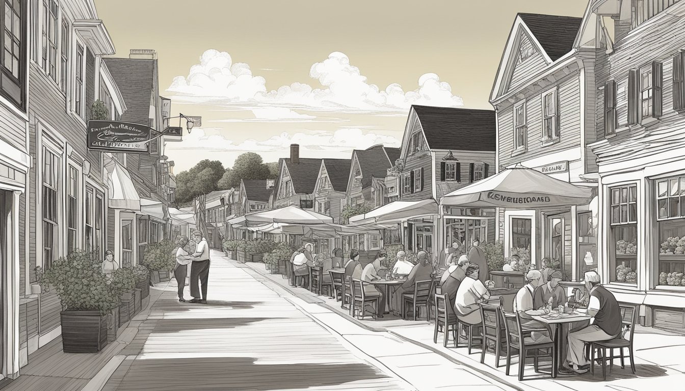 A bustling street lined with charming, historic buildings, each housing one of the top 7 restaurants in Kennebunkport. The aroma of fresh seafood and local produce fills the air as patrons enjoy their meals al fresco