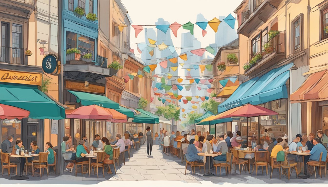 A bustling street lined with quaint, colorful restaurants, each with a unique sign and outdoor seating. The aroma of various cuisines fills the air, drawing in hungry passersby
